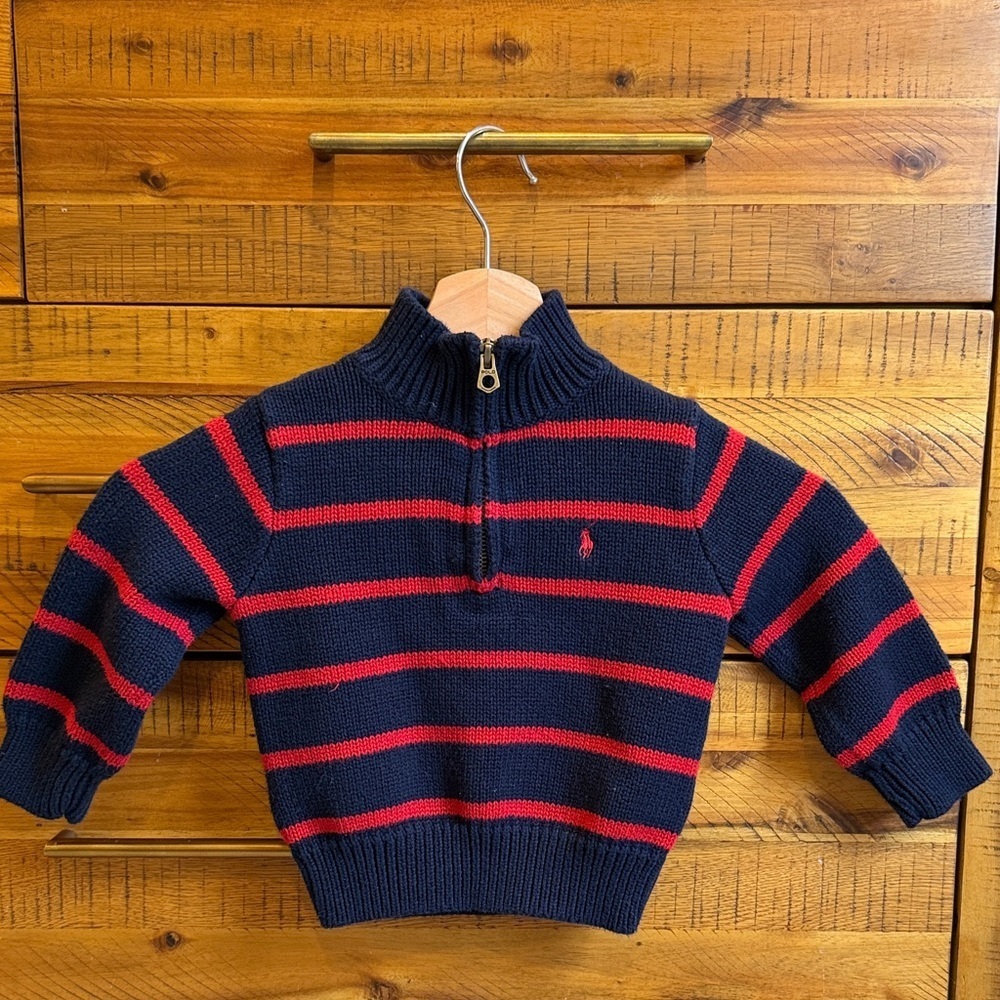 Polo by Ralph Lauren Boy Navy and Red Striped Half-Zip Sweater